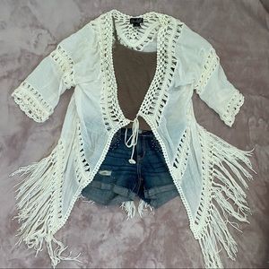 Sheer white fringe & crochet kimono
